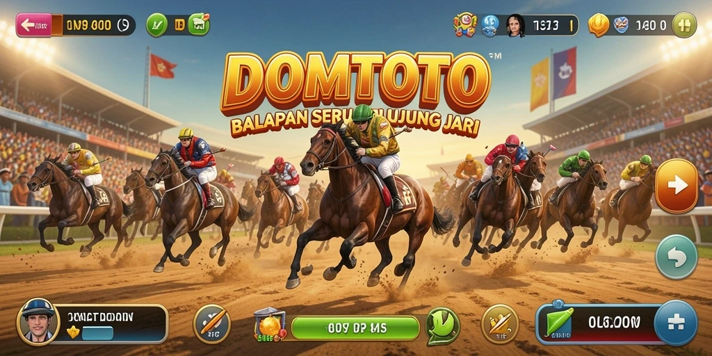 Layar permainan DOMTOTO menampilkan balapan mendebarkan di trek yang menantang.