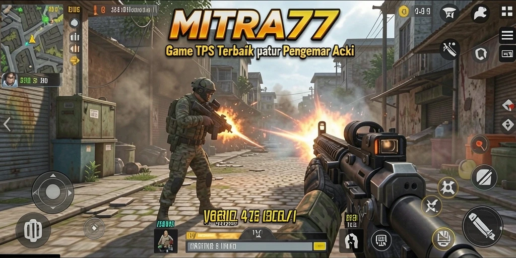 Screenshot gameplay MITRA77 menampilkan aksi seru dalam pertempuran TPS.