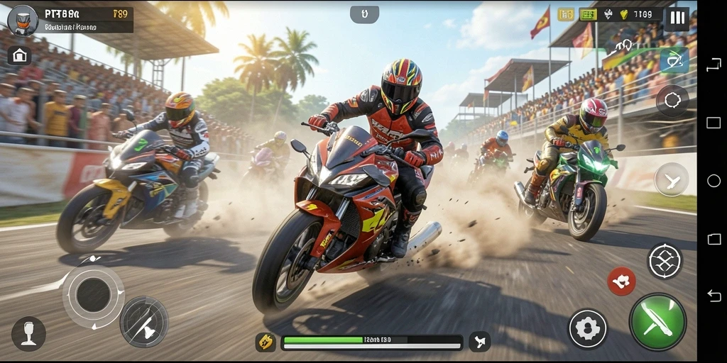 Screenshot utama PT89 menampilkan aksi balapan motor yang mendebarkan.