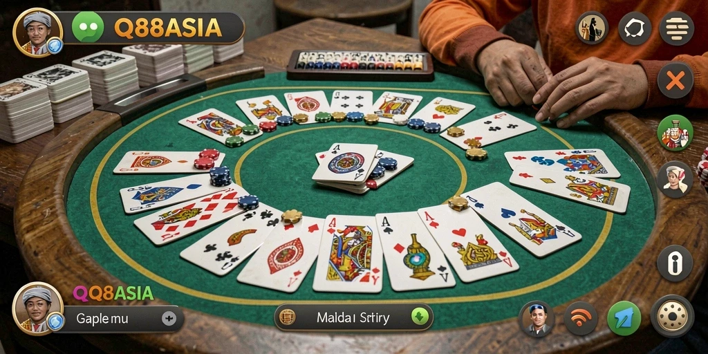 Screenshot gameplay QQ88ASIA yang menampilkan suasana permainan Gaple.