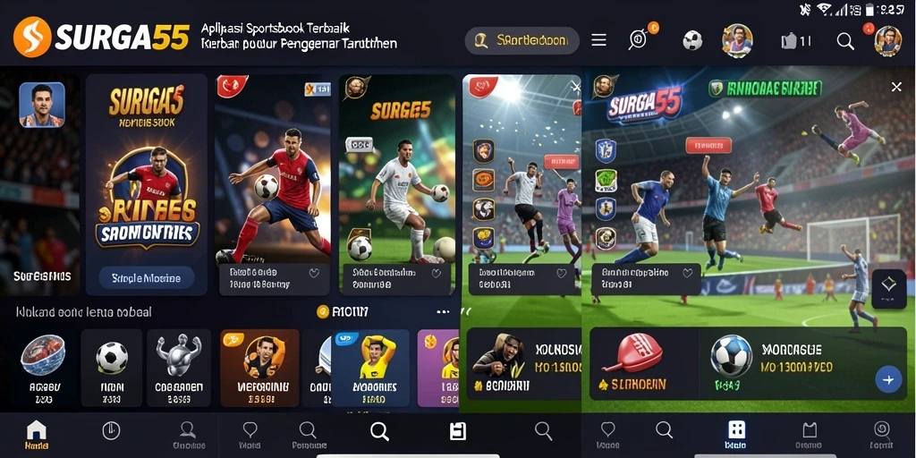 Tampilan antarmuka aplikasi SURGA55 dengan fitur taruhan olahraga.