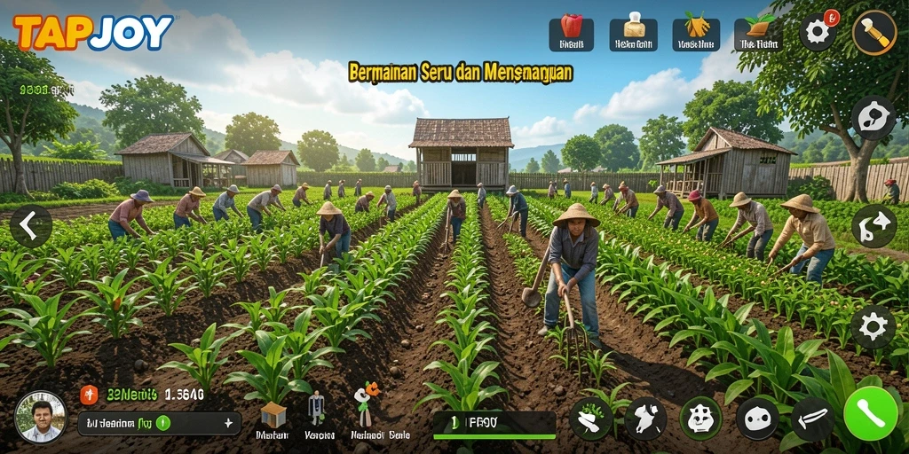 Screenshot gameplay TAPJOY menampilkan ladang yang subur dan aktivitas bertani.